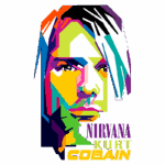 Ilustração colorida de Kurt Cobain, vocalista da banda Nirvana, com traços geométricos e vibrantes. A arte destaca sua imagem icônica, representando a influência do rock na cultura dos anos 90.