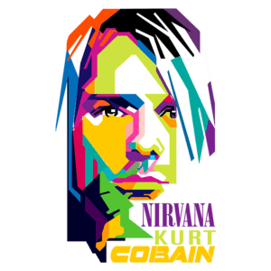 Ilustração colorida de Kurt Cobain, vocalista da banda Nirvana, com traços geométricos e vibrantes. A arte destaca sua imagem icônica, representando a influência do rock na cultura dos anos 90.