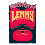 Capa do livro "Lemmy: La Autobiografía" da banda Motörhead, apresentando uma ilustração estilizada de um rosto masculino com um bigode característico, fundo em tons de vermelho e detalhes em amarelo.