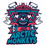 Logotipo estilizado da banda Arctic Monkeys, apresentando elementos gráficos coloridos como triângulos, rolos de pintura e símbolos de rock, caracterizando a identidade visual da banda.