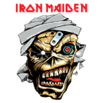 Cabeça esquelética estilizada do mascote "Eddie" da banda Iron Maiden, com feições detalhadas, ferimentos gráficas e elementos mecânicos, em fundo verde. O nome "Iron Maiden" está em destaque na parte superior.