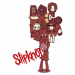 Ilustração artística dos membros da banda Slipknot em estilo cartoon, com cada membro vestido com roupas distintas e expressões faciais únicas, destacando a logo da banda em vermelho na parte inferior.