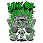 Design divertido inspirado na banda blink-182, apresentando personagens em estilo cartoon, com cores vibrantes como verde e cinza, e elementos grotescos e engraçados, refletindo a estética única da banda.