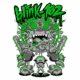 Design divertido inspirado na banda blink-182, apresentando personagens em estilo cartoon, com cores vibrantes como verde e cinza, e elementos grotescos e engraçados, refletindo a estética única da banda.
