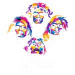 Ilustração colorida e estilizada dos membros da banda Queen, com o logotipo da banda em destaque na parte inferior.