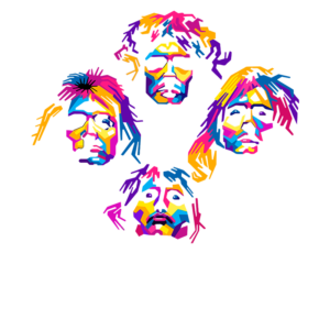 Ilustração colorida e estilizada dos membros da banda Queen, com o logotipo da banda em destaque na parte inferior.