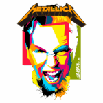 Ilustração colorida de James Hetfield, vocalista e guitarrista da banda Metallica, destacando seu rosto em um estilo artístico vibrante e moderno. O logotipo da banda está presente na parte superior da imagem.