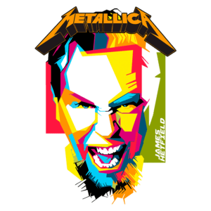 Ilustração colorida de James Hetfield, vocalista e guitarrista da banda Metallica, destacando seu rosto em um estilo artístico vibrante e moderno. O logotipo da banda está presente na parte superior da imagem.