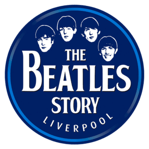 Logotipo do The Beatles Story, um museu dedicado à história da famosa banda britânica, localizado em Liverpool, com representações dos membros da banda em um círculo azul.