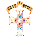Logotipo da banda Guns N' Roses com ilustrações estilizadas dos membros da banda em um design de cruz colorida, representando o icônico estilo rock.