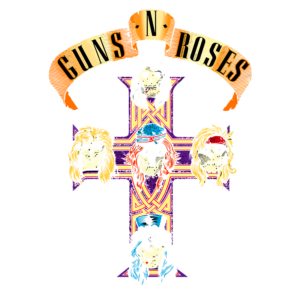 Logotipo da banda Guns N' Roses com ilustrações estilizadas dos membros da banda em um design de cruz colorida, representando o icônico estilo rock.