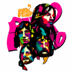 Ilustração colorida e estilizada dos membros da banda Pink Floyd, com a logomarca acima, destacando seus rostos em um design psicodélico. Ideal para fãs de rock e cultura musical.