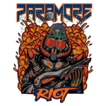 Ilustração vibrante da arte da banda Paramore, apresentando um personagem com um traje de proteção e um cenário explosivo em tons quentes. O design destaca elementos de ficção científica, com um toque de coruja alienígena, e inclui as palavras "Paramore" e "Riot". Ideal para fãs de rock e merchandises relacionados à música.