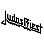Logotipo da banda de heavy metal Judas Priest, caracterizado por um design angular e estilizado, apresentando a marca em letras maiúsculas e traços distintos.