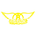Logo da banda Aerosmith com asas estilizadas, em cor amarela, representando a identidade icônica da banda de rock americana.