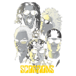Imagem estilizada da banda Scorpions, apresentando os membros com óculos escuros e diferentes expressões, com o nome "SCORPIONS" em destaque na parte inferior.