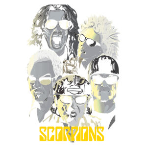 Imagem estilizada da banda Scorpions, apresentando os membros com óculos escuros e diferentes expressões, com o nome "SCORPIONS" em destaque na parte inferior.