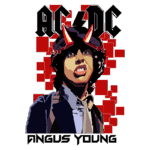 Ilustração estilizada de Angus Young, guitarrista da banda de rock AC/DC, com chifres de diabo e fundo vermelho. Nome "Angus Young" destacado em letras grandes abaixo da imagem.