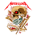 Desenho estilizado da caveira com um estilo gráfico inspirado na banda Metallica, apresentando olhos vermelhos e uma bomba na boca, com ossos cruzados ao fundo e respingos de tinta vermelha, representando a estética do heavy metal.