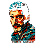 Imagem estilizada de Freddie Mercury, retratada com cores vibrantes e traços artísticos, destacando seu icônico bigode e expressões marcantes.