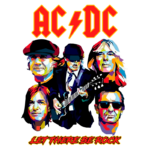Capa do álbum "Let There Be Rock" da banda AC/DC, destacando os membros da banda em estilo gráfico vibrante e colorido.