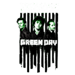 Imagem artística da banda Green Day, mostrando os integrantes em estilo gráfico com fundo de listras e estrelas, destacando o nome da banda em verde. Ideal para fãs de rock e cultura pop.