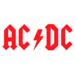 Logotipo da banda de rock AC/DC em vermelho, com o símbolo de raio enfatizando sua identidade icônica.