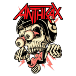 Arte ilustrativa do logotipo da banda Anthrax, apresentando um crânio com olhos esbugalhados, segurando um microfone e exibindo uma língua alongada, com elementos gráficos vibrantes ao fundo.