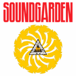 Logotipo da banda Soundgarden, apresentando o nome em destaque vermelho acima de um símbolo amarelo em forma de espiral, com um triângulo central e figuras estilizadas, representando a identidade visual da banda.