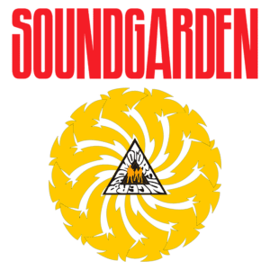 Logotipo da banda Soundgarden, apresentando o nome em destaque vermelho acima de um símbolo amarelo em forma de espiral, com um triângulo central e figuras estilizadas, representando a identidade visual da banda.