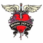 Logotipo do Bon Jovi apresenta um coração vermelho com uma espada atravessada, envolto por flores roxas e com asas brancas, simbolizando amor e rebelde. Abaixo, há uma faixa com o nome "BON JOVI".