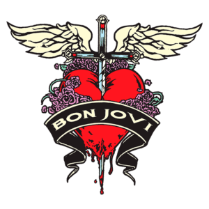 Logotipo do Bon Jovi apresenta um coração vermelho com uma espada atravessada, envolto por flores roxas e com asas brancas, simbolizando amor e rebelde. Abaixo, há uma faixa com o nome "BON JOVI".