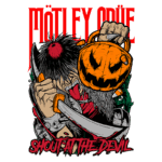 Arte estilizada de um personagem segurando uma faca e um balde de abóbora, com elementos do rock e referências ao Halloween. O texto "MÖTLEY CRÜE" e "SHOUT AT THE DEVIL" em destaque, transmitindo a estética da banda de rock.