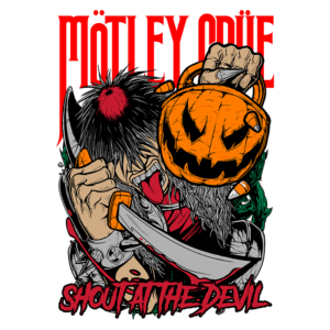 Arte estilizada de um personagem segurando uma faca e um balde de abóbora, com elementos do rock e referências ao Halloween. O texto "MÖTLEY CRÜE" e "SHOUT AT THE DEVIL" em destaque, transmitindo a estética da banda de rock.