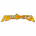 Logotipo da banda de heavy metal Helloween, com letras estilizadas em amarelo e laranja, destacando uma abóbora com um rosto de caveira no centro.