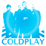 Logotipo estilizado da banda Coldplay, apresentando os membros em silhueta azul sobre um fundo claro, simbolizando sua identidade musical e artística.