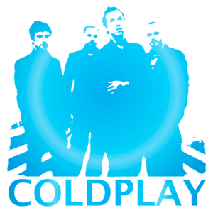 Logotipo estilizado da banda Coldplay, apresentando os membros em silhueta azul sobre um fundo claro, simbolizando sua identidade musical e artística.