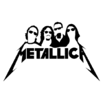 Logotipo da banda Metallica, apresentando os quatro membros icônicos estilizados em preto, usando óculos escuros, com o nome "METALLICA" em letras grandes e ousadas.