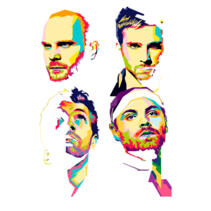 Ilustração colorida de quatro homens olhando para cima, com diferentes expressões faciais e estilo artístico moderno. Ideal para representações de criatividade e diversidade.