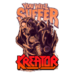 Ilustração do logotipo da banda de metal Kreator, apresentando um esqueleto com expressão intensa e elementos gráficos que evocam uma estética sombria, acompanhada da frase "You Will Suffer". Ideal para fãs de música pesada e cultura metal.