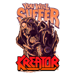 Ilustração do logotipo da banda de metal Kreator, apresentando um esqueleto com expressão intensa e elementos gráficos que evocam uma estética sombria, acompanhada da frase "You Will Suffer". Ideal para fãs de música pesada e cultura metal.
