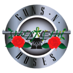 Logotipo da banda Guns N' Roses, que apresenta uma pistola entrelaçada com rosas vermelhas e folhas verdes, com o nome da banda em letras maiúsculas ao redor do design.