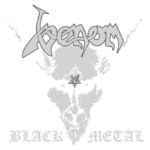 Logotipo da banda Venom, representando um rosto com traços de macaco e uma estrela no centro, destacado com a frase "BLACK METAL" em letras góticas, simbolizando o estilo musical e a estética do gênero.