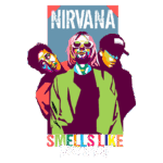 Ilustração em estilo pop art da banda Nirvana, destacando os integrantes em poses icônicas, com cores vibrantes e o título da música "Smells Like Teen Spirit" em destaque.