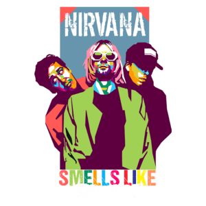 Ilustração em estilo pop art da banda Nirvana, destacando os integrantes em poses icônicas, com cores vibrantes e o título da música "Smells Like Teen Spirit" em destaque.
