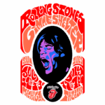 Pôster colorido da apresentação dos Rolling Stones, destacando um retrato estilizado de Mick Jagger, com informações sobre o evento "Gimme Shelter" em Michigan, com datas de julho e o ícone da banda.