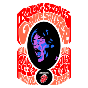 Pôster colorido da apresentação dos Rolling Stones, destacando um retrato estilizado de Mick Jagger, com informações sobre o evento "Gimme Shelter" em Michigan, com datas de julho e o ícone da banda.