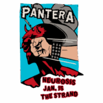 Imagem ilustrativa do show da banda Pantera, apresentando um punho fechado em um fundo colorido, junto a uma figura de um demônio vermelho. Texto inclui "Neurosis", data "Jan. 15" e "The Strand". Ideal para promoção de eventos de metal e cultura musical.