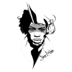 Ilustração em preto e branco de Jimi Hendrix, destacando seu rosto expressivo e cabelo característico. O design é moderno e artístico, com linhas sofisticadas e um fundo circular que realça a imagem do icônico guitarrista.