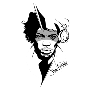 Ilustração em preto e branco de Jimi Hendrix, destacando seu rosto expressivo e cabelo característico. O design é moderno e artístico, com linhas sofisticadas e um fundo circular que realça a imagem do icônico guitarrista.